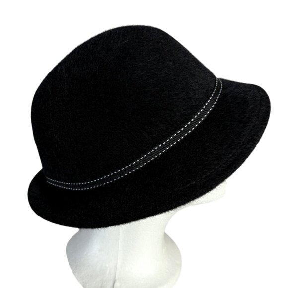 Womens Bowler Black Felt Hat Whitework Embroidery Dome Floral Pom Winter Casual - Picture 2 of 9